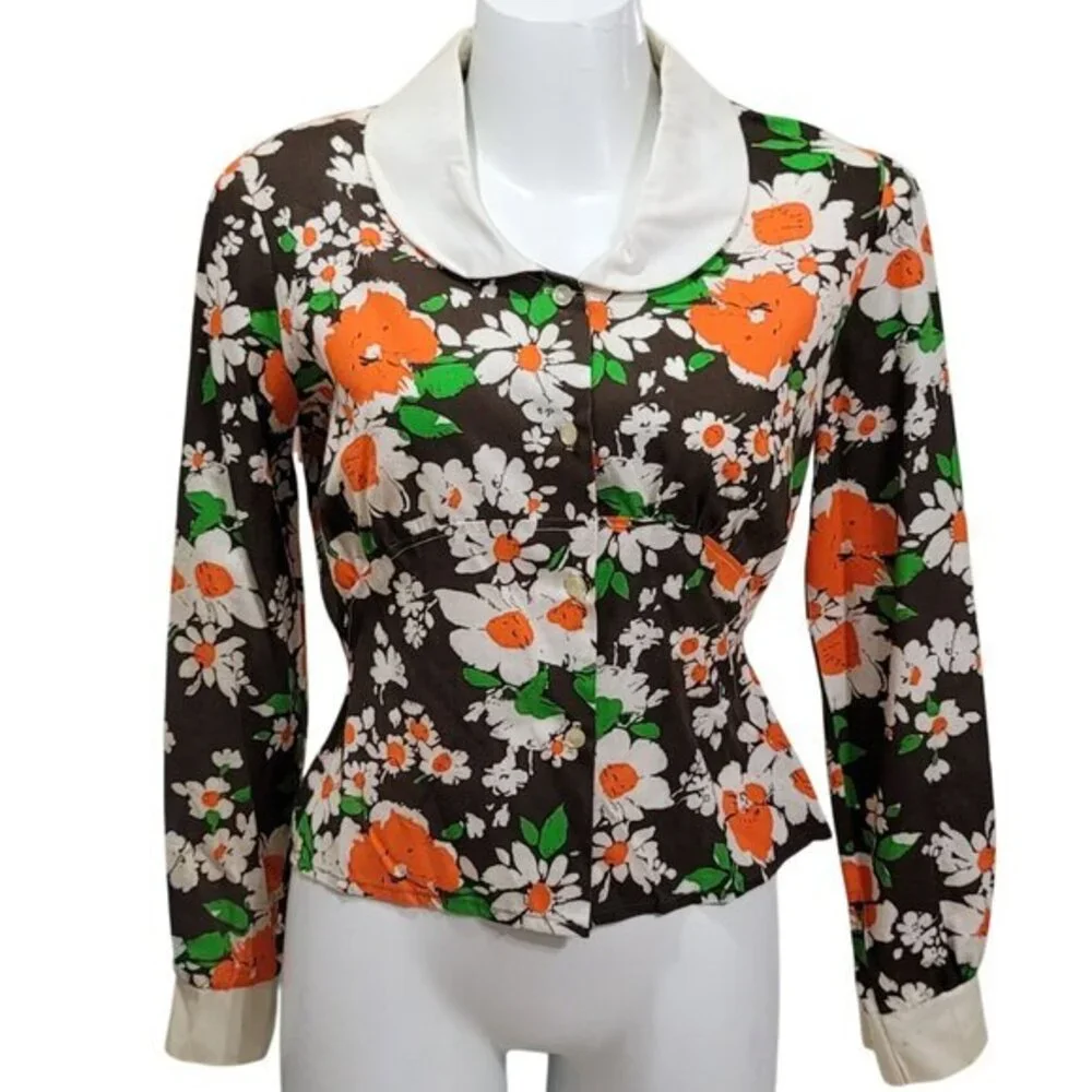 Vintage Floral Long Sleeve Blouse Top Shirt Peter Pan Collar Button Front - Picture 8 of 8